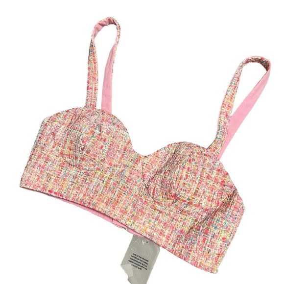 Assignment Crop Top WMNS M Pink Tweed Bralette Maribel Preppy Barbie Sweetheart - Picture 2 of 11